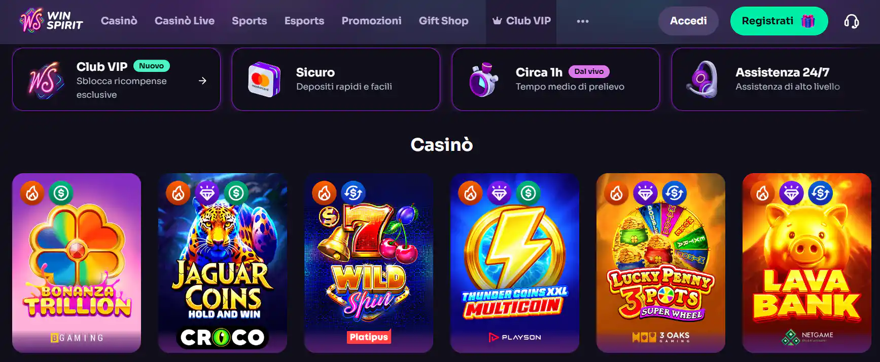 Interfaccia pubblica di WinSpirit con intestazione e navigazione del catalogo giochi